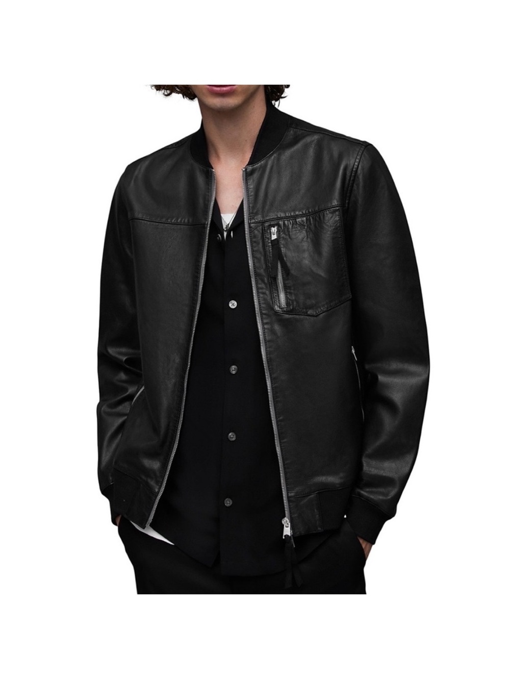 All Saints Black Leather Bomber Jacket